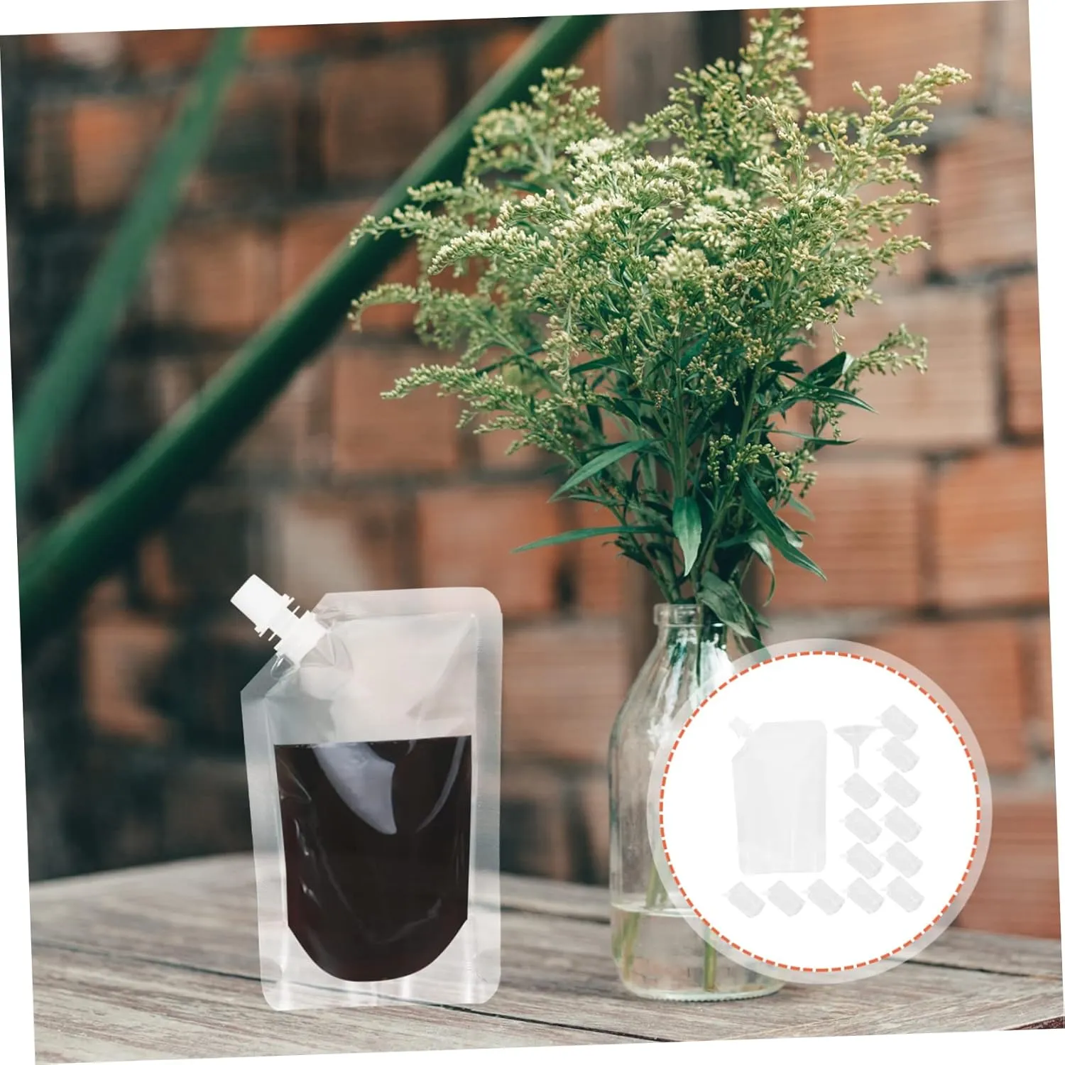 1 Set Disposable Plastic Flask Drinking Bags Odorless Leakproof Juice Beverage Pouches Portable Suction Spout Holder for Travel Party