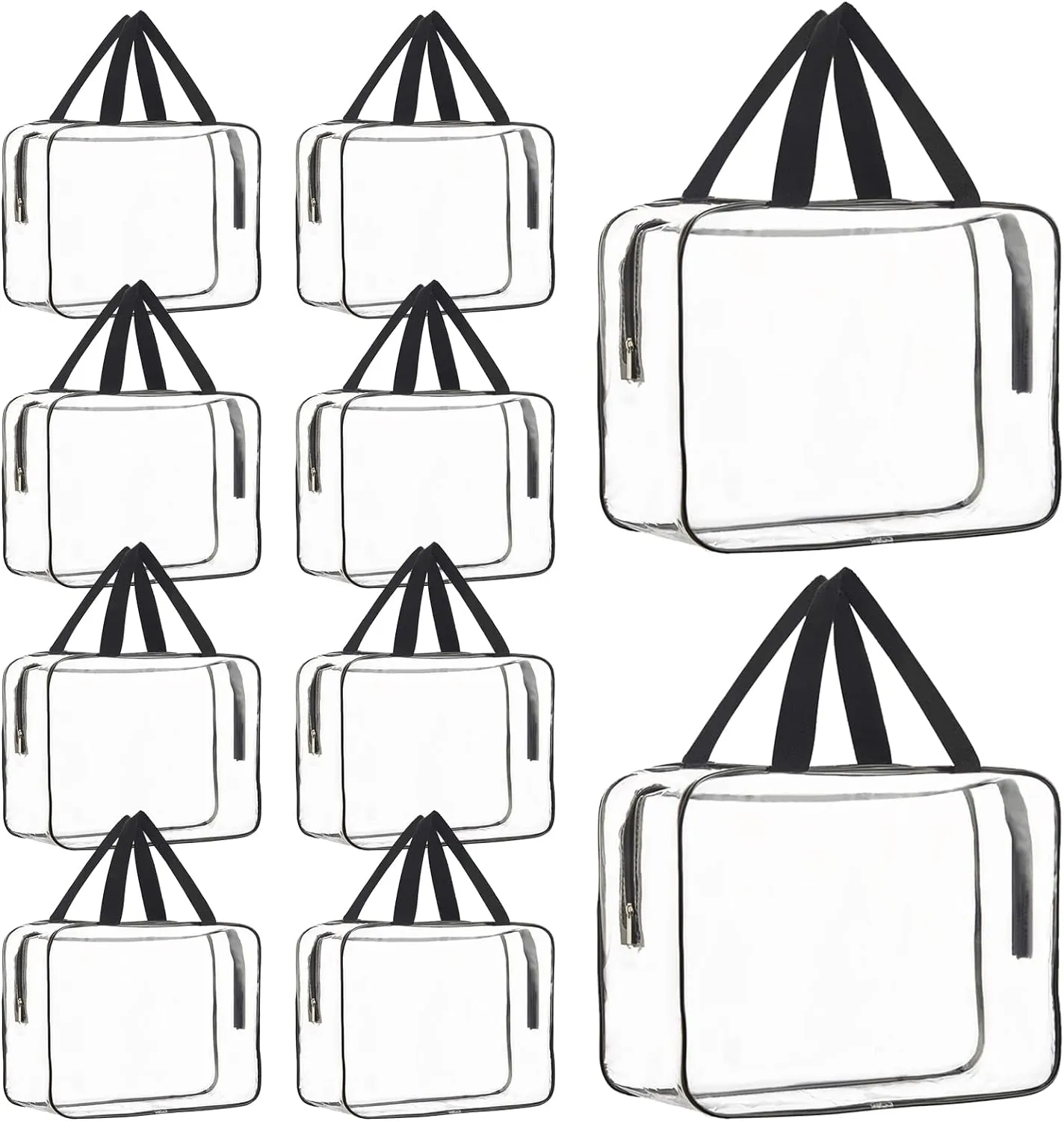 10 Pack Large Clear Cosmetic Bags with Handle PVC Plastic Toiletry Pouches with Zipper Clear Plastic Tote Bags Clear Vinyl Bags Clear Toiletry Bag Clear Makeup Bags for Women, Men, Beach, Traveling