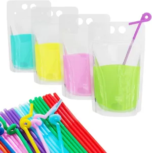 100 Pcs Drink Pouches for Adults, Hand-held Reusable Clear Juice Pouches with Straws Funnel Smoothie Heavy Duty Drink Bags for Cold Hot Drinks