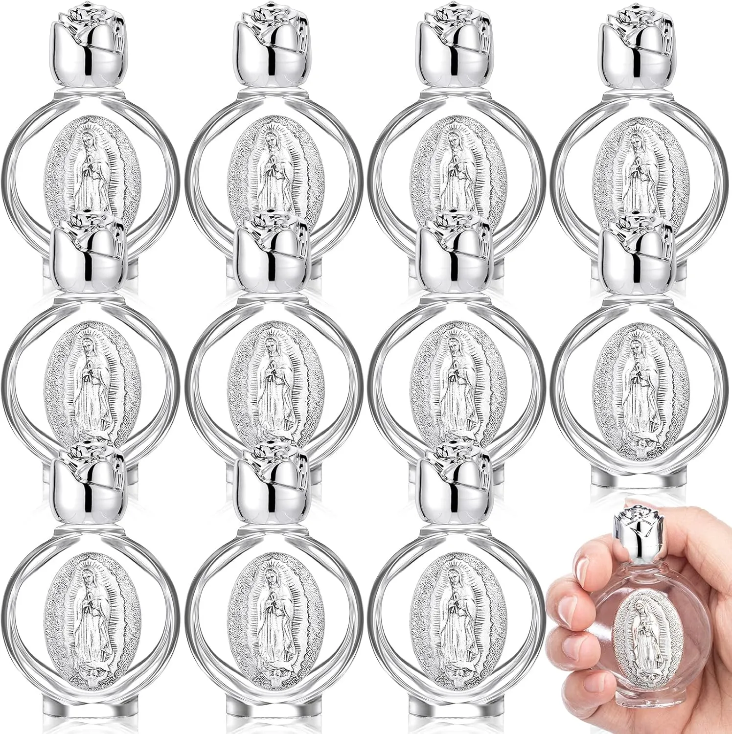 12 Pcs Catholic Holy Water Bottles 0.5 Floz Embossed Glass Holy Water Bottle with Toned Cap and Toned Depiction Communion Gifts for Family Church(Silver,Our Lady of Guadalupe)