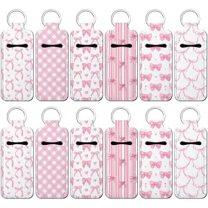 12 Pcs Pink Bow Lipstick Holder Keychain Bulk Cute Pocket Lip Balm Holder Keychain Backpack Purse Accessories for Women Lip Gloss Sleeve Pouch, 6 Style