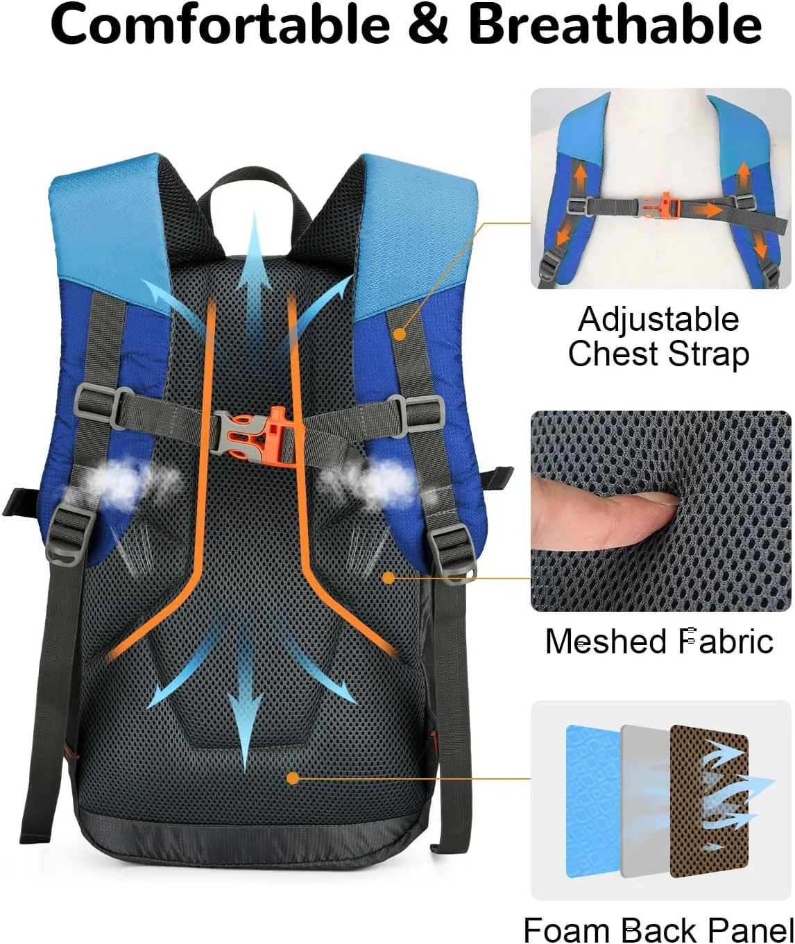 15L Small Hiking Daypack for Men Women, Waterproof Breathable Rucking Hiking Backpack with Chest Strap, Lightweight Travel Backpack for Outdoor, Blue