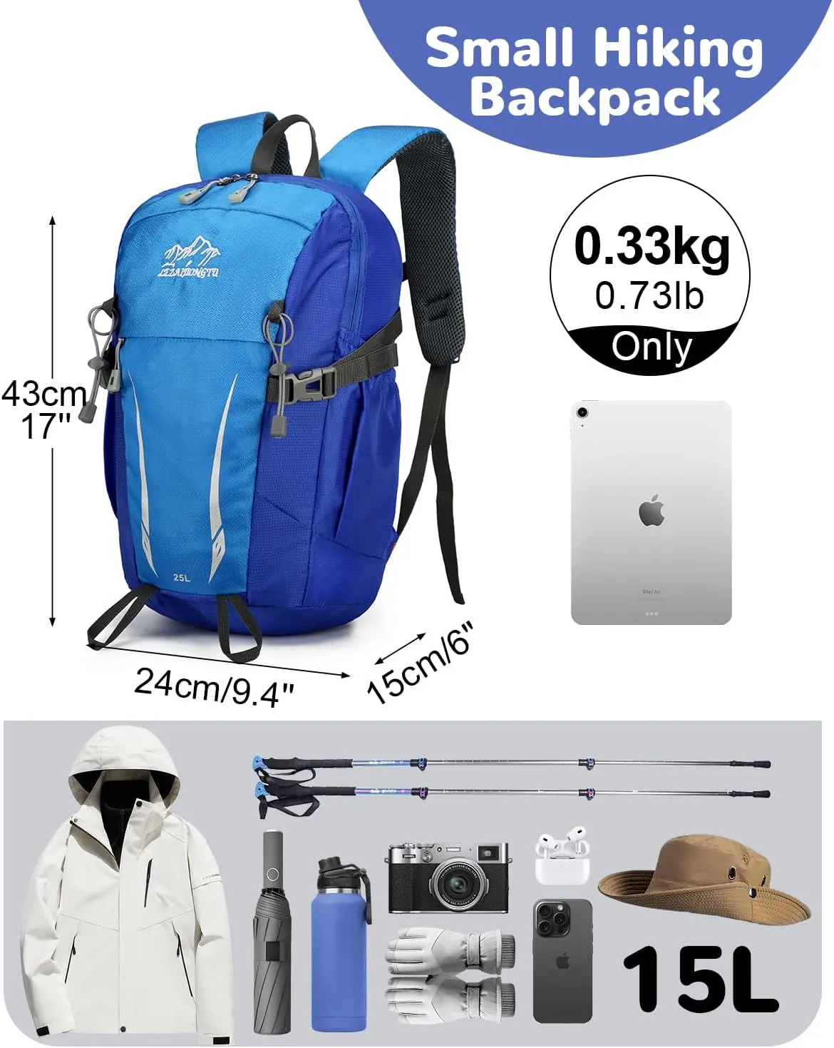 15L Small Hiking Daypack for Men Women, Waterproof Breathable Rucking Hiking Backpack with Chest Strap, Lightweight Travel Backpack for Outdoor, Blue