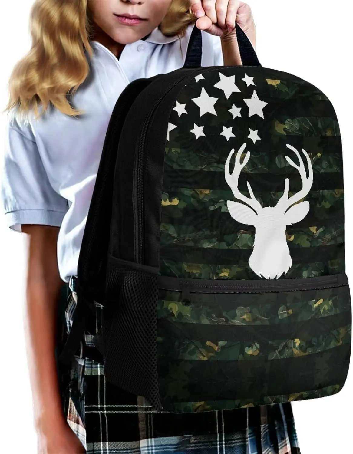 17 Inch School Backpack for Primary Kids,Lightweight Classic Basic Bookbag American Deer Large Capacity with Adjustable Buckle Fashionable for Summer Camp Vacation