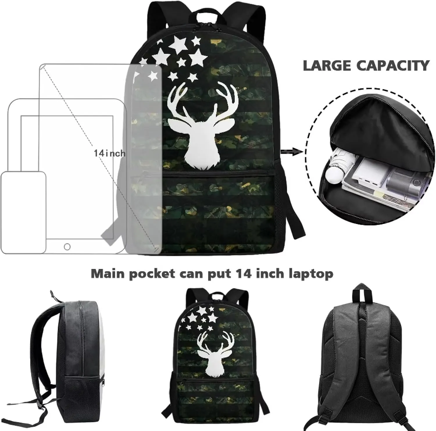 17 Inch School Backpack for Primary Kids,Lightweight Classic Basic Bookbag American Deer Large Capacity with Adjustable Buckle Fashionable for Summer Camp Vacation
