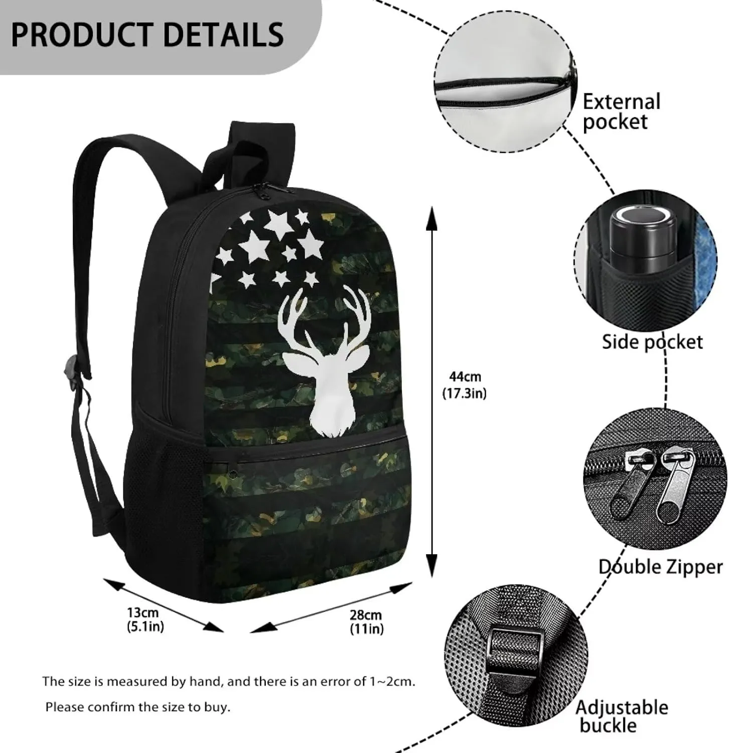 17 Inch School Backpack for Primary Kids,Lightweight Classic Basic Bookbag American Deer Large Capacity with Adjustable Buckle Fashionable for Summer Camp Vacation
