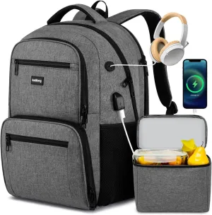17,3 inch Laptop Backpack with Lunchbox,Insulated Cooler Bag for Work Travel with USB Charging Port,Water Resistant Computer Bag Meal Prep Backpack for Picnic College