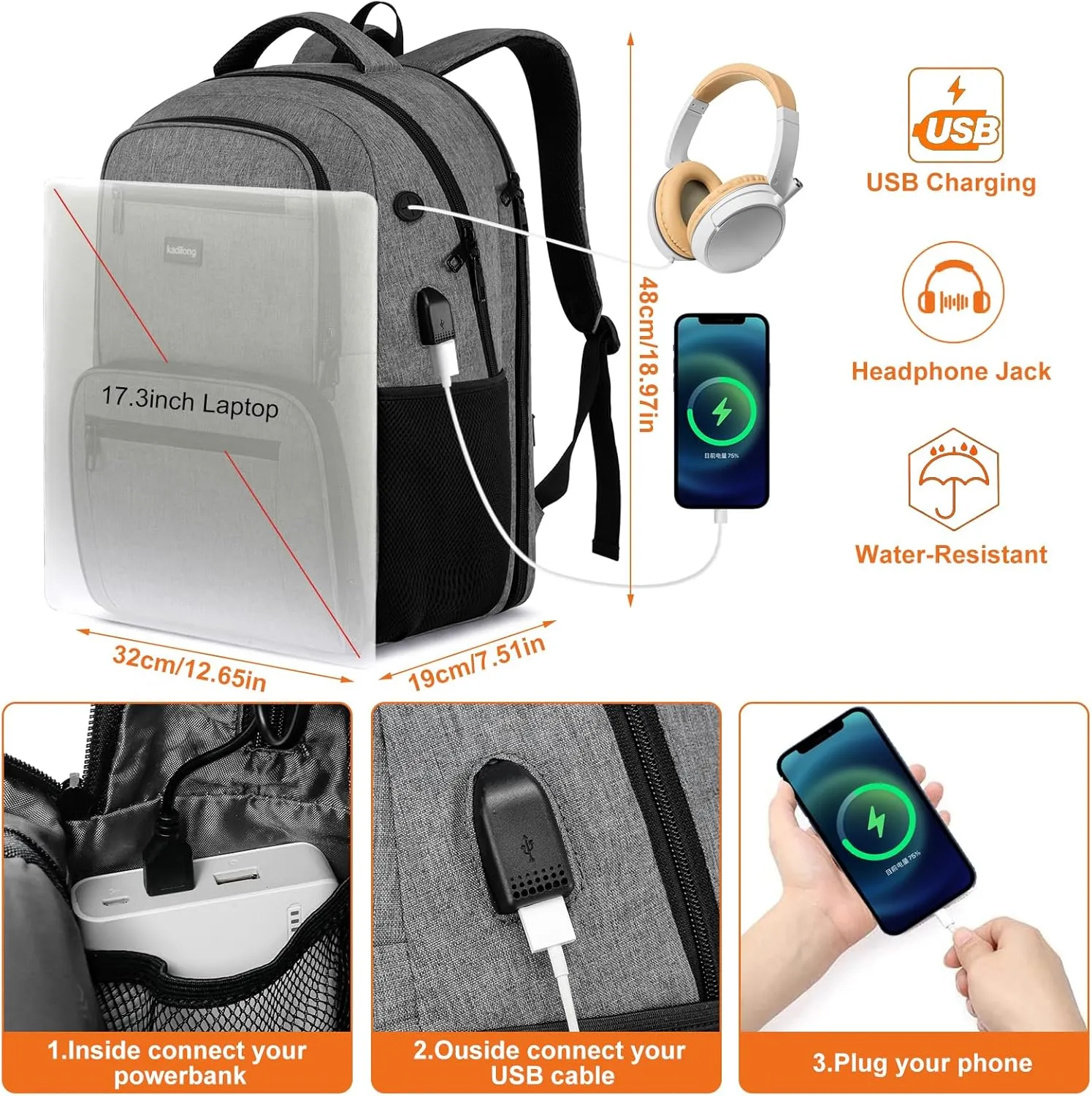 17,3 inch Laptop Backpack with Lunchbox,Insulated Cooler Bag for Work Travel with USB Charging Port,Water Resistant Computer Bag Meal Prep Backpack for Picnic College