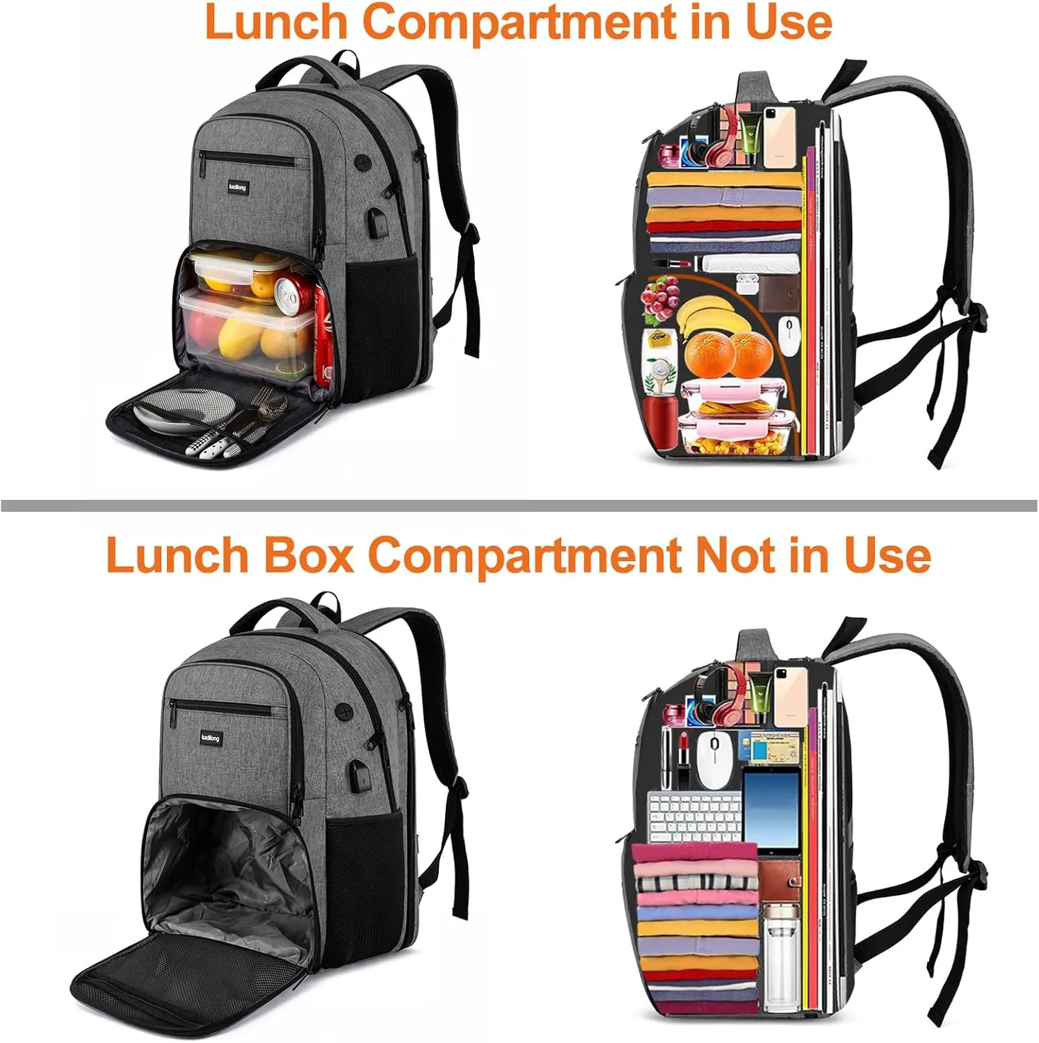 17,3 inch Laptop Backpack with Lunchbox,Insulated Cooler Bag for Work Travel with USB Charging Port,Water Resistant Computer Bag Meal Prep Backpack for Picnic College