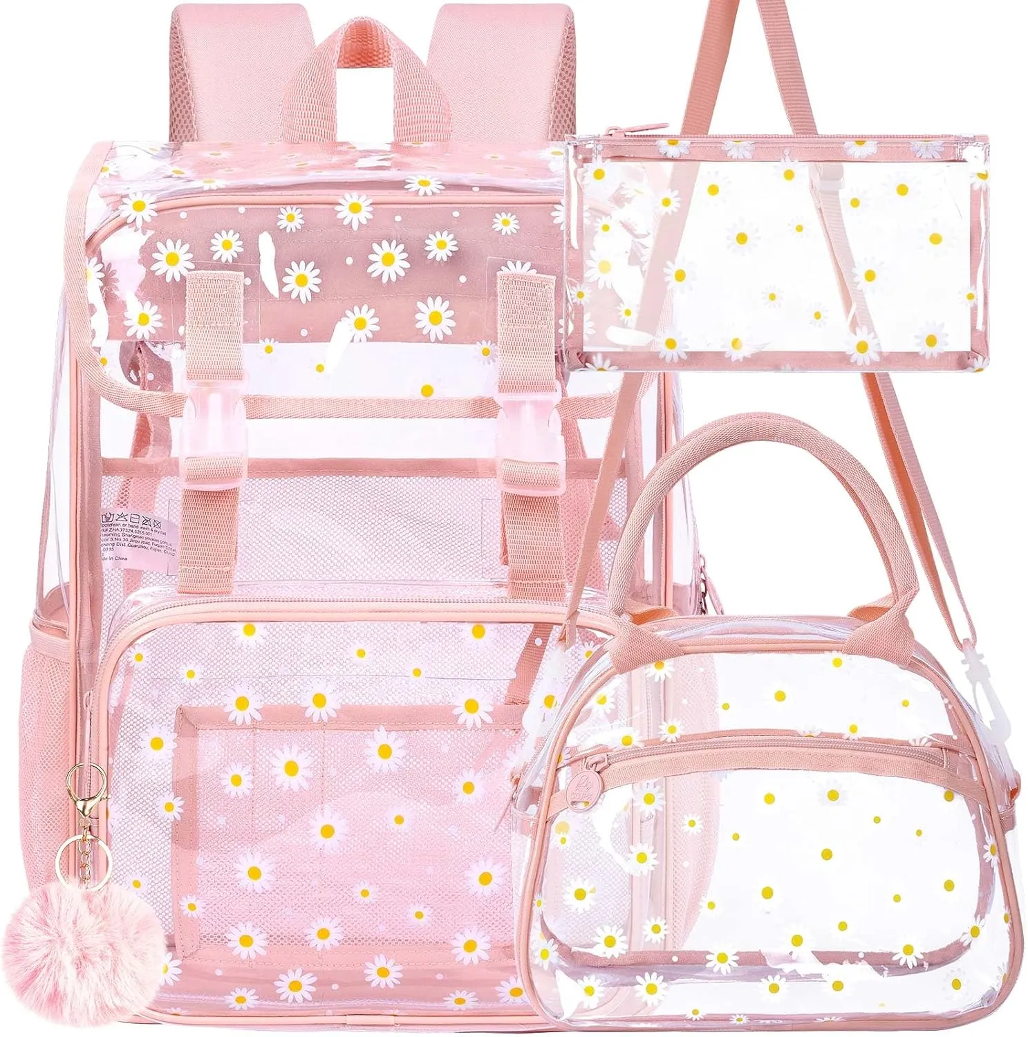 17" Daisy Clear Backpack for Girls - 3Pcs Flip Design Stadium Approved Set, Gym/Concert Transparent Bookbag (Pink)