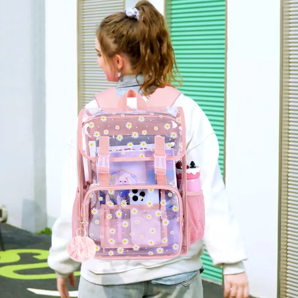 17" Daisy Clear Backpack for Girls - 3Pcs Flip Design Stadium Approved Set, Gym/Concert Transparent Bookbag (Pink)