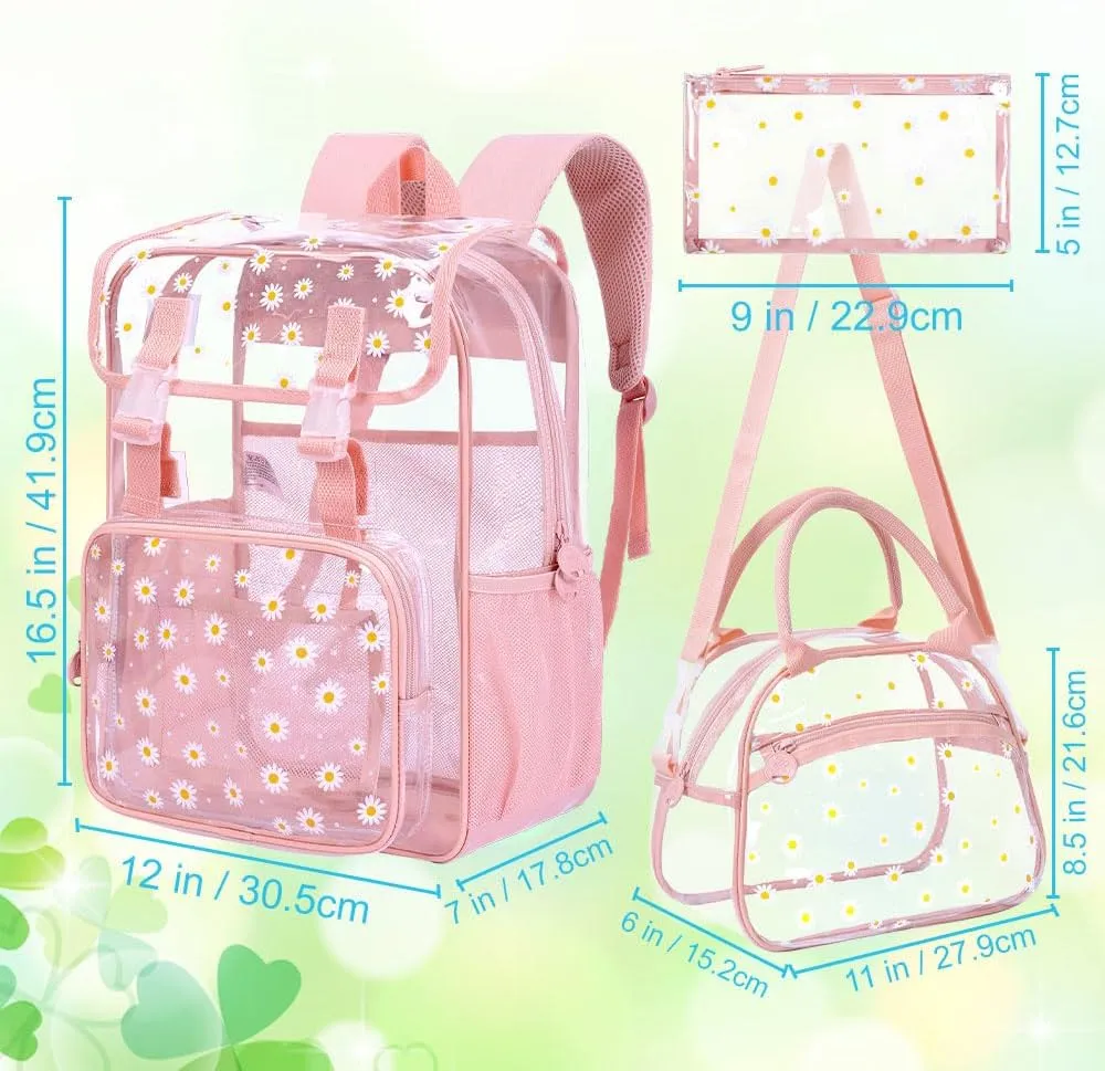 17" Daisy Clear Backpack for Girls - 3Pcs Flip Design Stadium Approved Set, Gym/Concert Transparent Bookbag (Pink)
