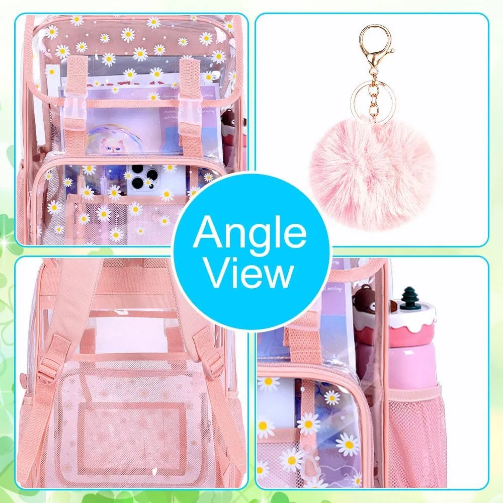 17" Daisy Clear Backpack for Girls - 3Pcs Flip Design Stadium Approved Set, Gym/Concert Transparent Bookbag (Pink)