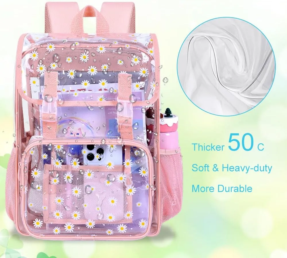 17" Daisy Clear Backpack for Girls - 3Pcs Flip Design Stadium Approved Set, Gym/Concert Transparent Bookbag (Pink)