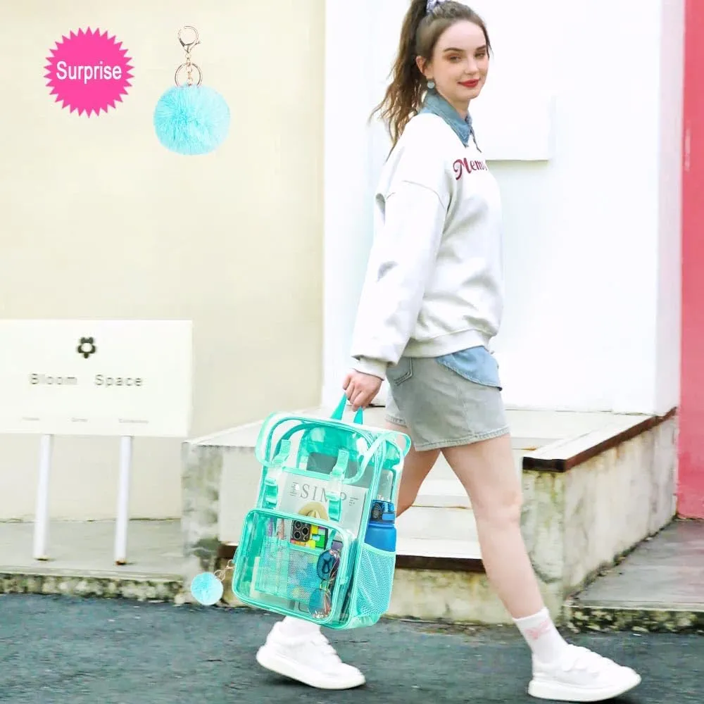 17" Flip Top Clear Backpack for Girls, 3Pcs Stadium Approved Set, Waterproof Transparent Bookbag for Travel/School (Green)