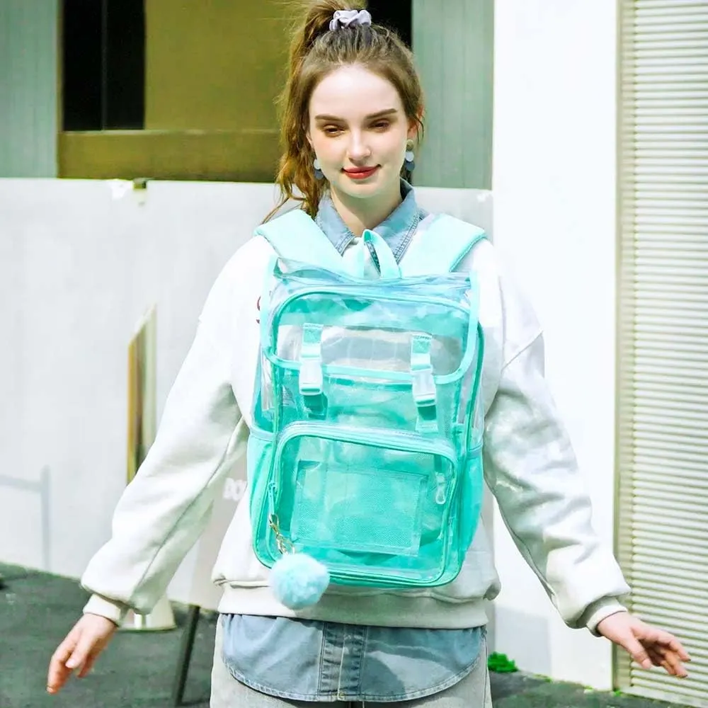 17" Flip Top Clear Backpack for Girls, 3Pcs Stadium Approved Set, Waterproof Transparent Bookbag for Travel/School (Green)