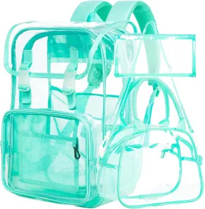 17" Flip Top Clear Backpack for Girls, 3Pcs Stadium Approved Set, Waterproof Transparent Bookbag for Travel/School (Green)