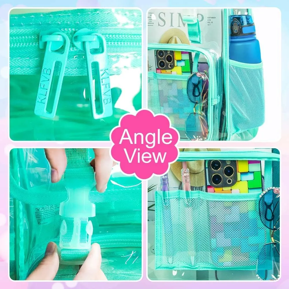 17" Flip Top Clear Backpack for Girls, 3Pcs Stadium Approved Set, Waterproof Transparent Bookbag for Travel/School (Green)