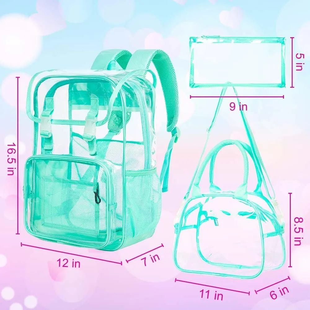 17" Flip Top Clear Backpack for Girls, 3Pcs Stadium Approved Set, Waterproof Transparent Bookbag for Travel/School (Green)