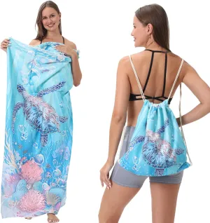 2-in-1 Turtle Beach Towel Backpack for Women – Lightweight Microfiber Towel with Drawstring Bag Design – Quick Dry, Sand Free, Perfect for Swimming, Travel, Pool & Outdoor Use