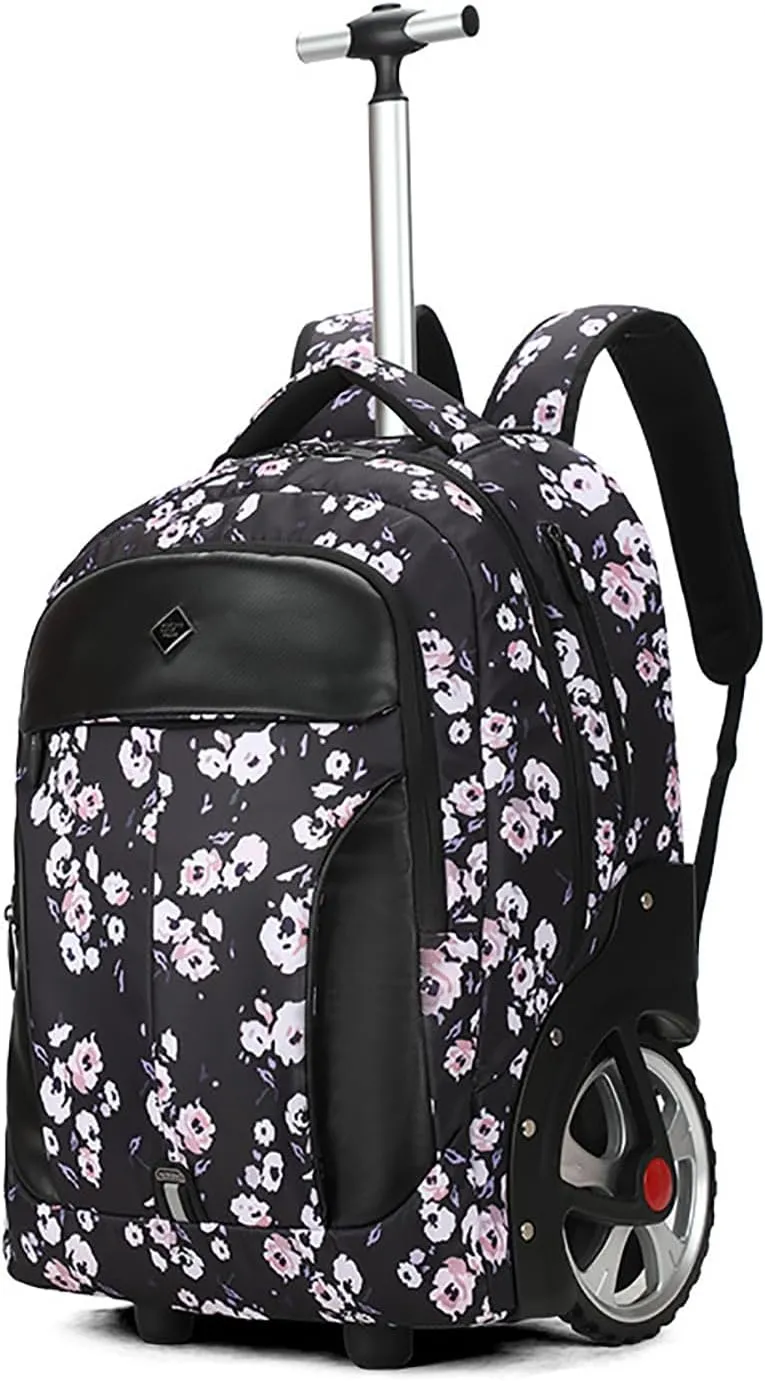 22 Inch Rolling Backpack, Waterproof Backpack with Wheels for Business and Travel Commuter, Carry on Laptop Backpack for Women and Men Adult (black-flower)