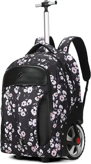 22 Inch Rolling Backpack, Waterproof Backpack with Wheels for Business and Travel Commuter, Carry on Laptop Backpack for Women and Men Adult (black-flower)