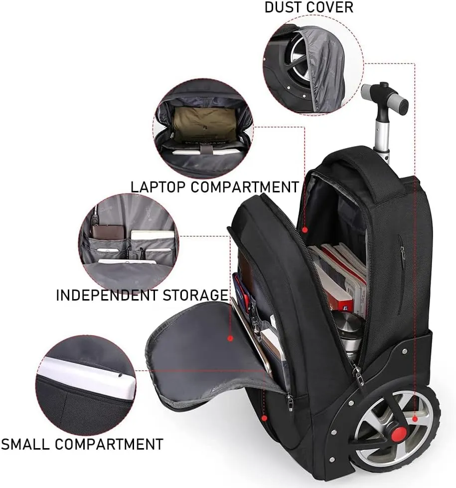 22 Inch Rolling Backpack, Waterproof Backpack with Wheels for Business and Travel Commuter, Carry on Laptop Backpack for Women and Men Adult (black-flower)