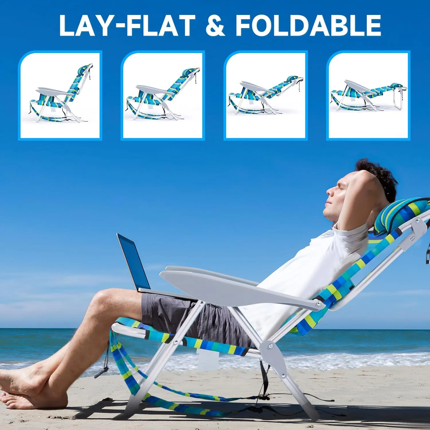 2PC Portable Beach Chair for Adults, 4 Position Backpack Folding Camping Chairs for Outdoor, Beach Chairs with Backpack Straps, Striped