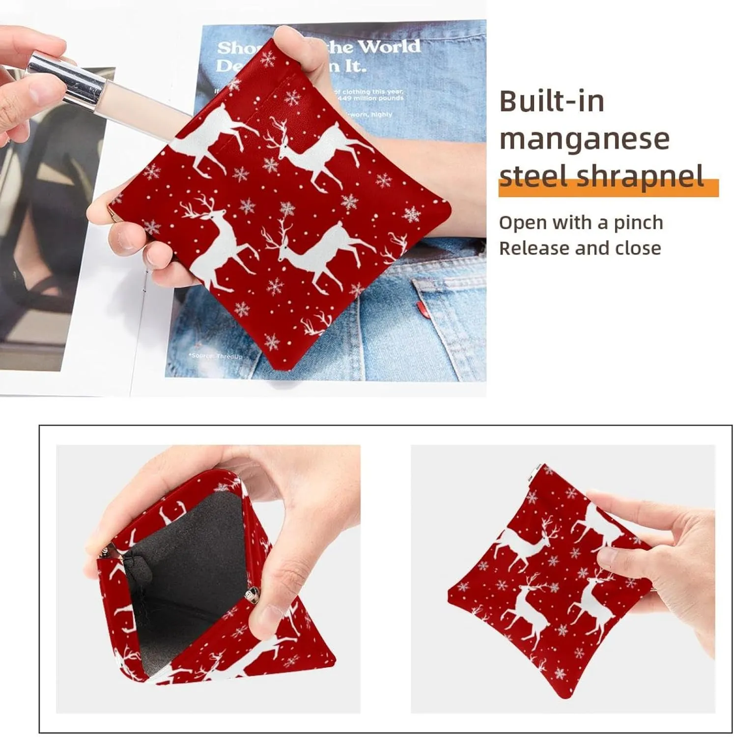 2Pcs Faux Leather Makeup Bag Set, Small Pouches for Purse, Waterproof Mini Bag Purse, Mini Pocket Makeup Bag for Lipstick, Christmas Elk Snowflake Red
