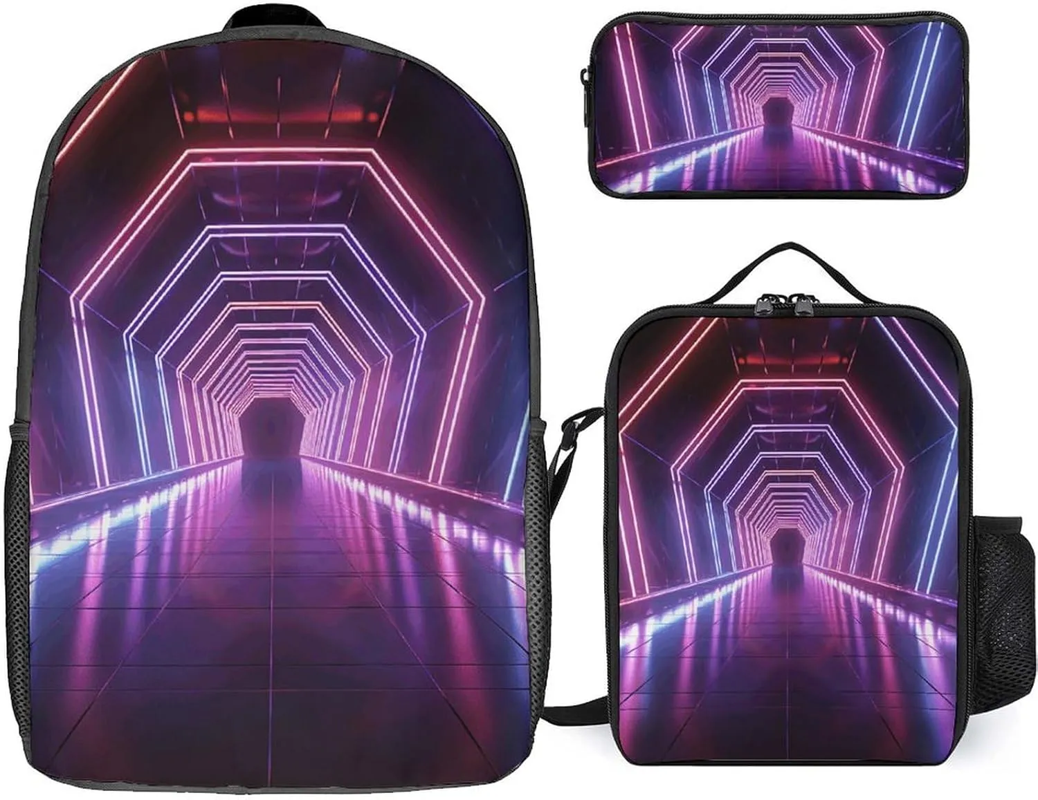 3-in-1 Backpack Combo Set, Neon Lights Tunnel Print Backpack And Lunch-bag Backpack with Lunch Bag 3 Piece Set Backpack Lunch Bag Combo, Style