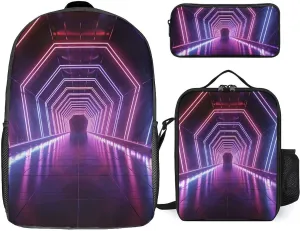 3-in-1 Backpack Combo Set, Neon Lights Tunnel Print Backpack And Lunch-bag Backpack with Lunch Bag 3 Piece Set Backpack Lunch Bag Combo, Style