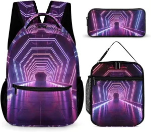 3-in-1 Backpack Combo Set, Neon Lights Tunnel Print Backpack And Lunch-bag Backpack with Lunch Bag 3 Piece Set Backpack Lunch Bag Combo