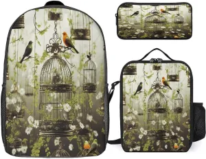 3 in 1 Backpack Set Birdcages And Birds Print Casual Backpack Set Small Cosmetic Bag Travel Daypack Crossbody Lunch Bag Coin Purse Set