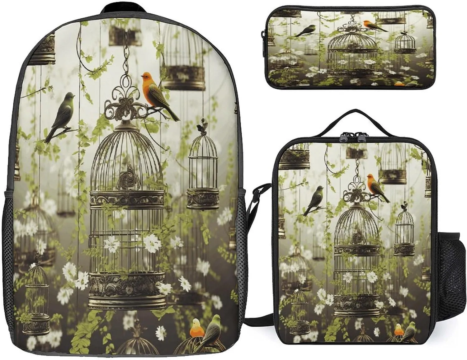 3 in 1 Backpack Set Birdcages And Birds Print Casual Backpack Set Small Cosmetic Bag Travel Daypack Crossbody Lunch Bag Coin Purse Set