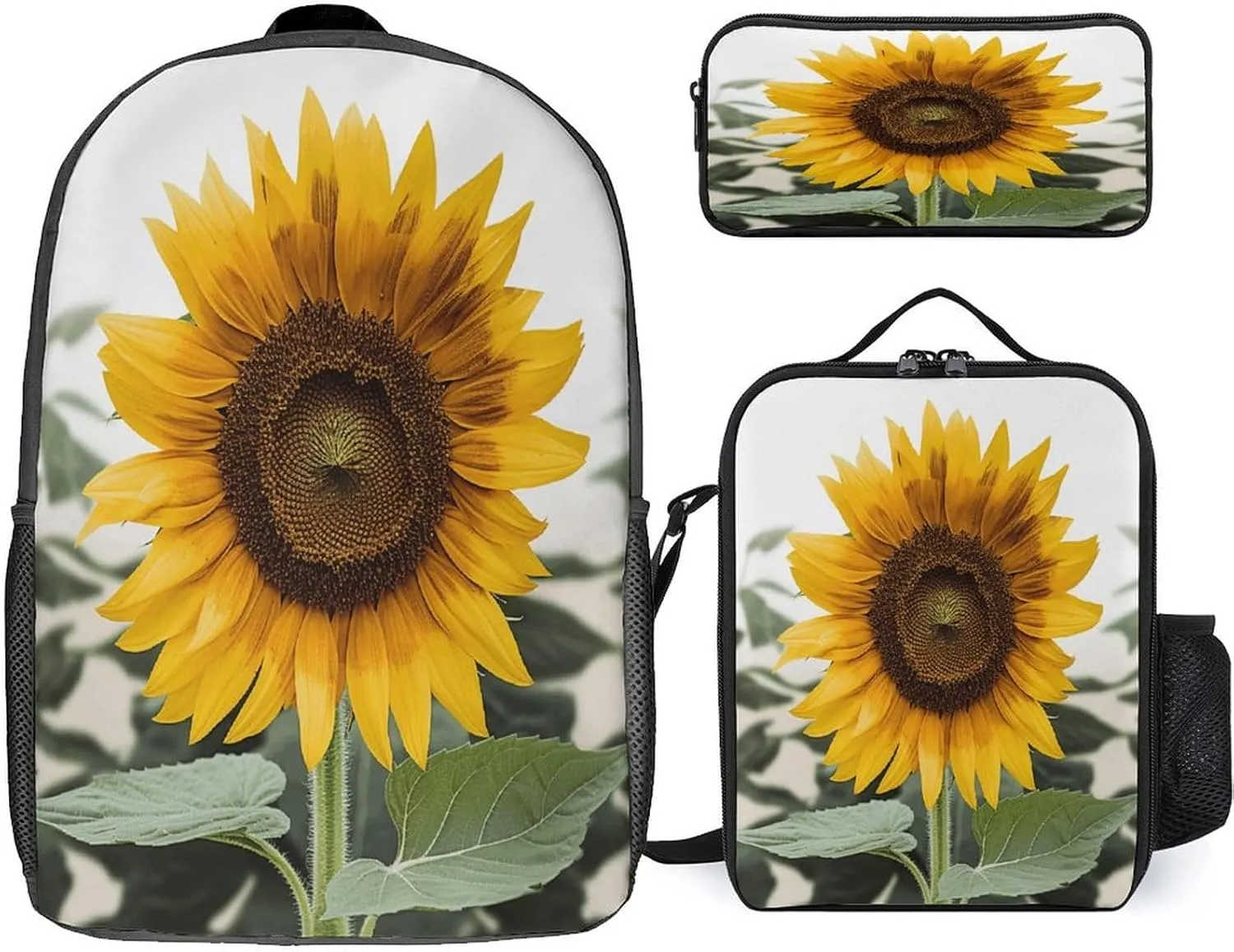3 in 1 Backpack Set Bloom Sunflower Print Casual Backpack Set Small Cosmetic Bag Travel Daypack Crossbody Lunch Bag Coin Purse Set
