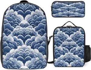 3 in 1 Backpack Set Blue And White Print Casual Backpack Set Small Cosmetic Bag Travel Daypack Crossbody Lunch Bag Coin Purse Set