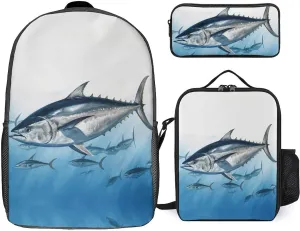 3-in-1 Backpack Set, Bluefin Tuna Thunnus Print Lunch Bag Set Backpack with Lunch Bag Lunch Bag Combo Set Small Backpack Lunch Bag Combo