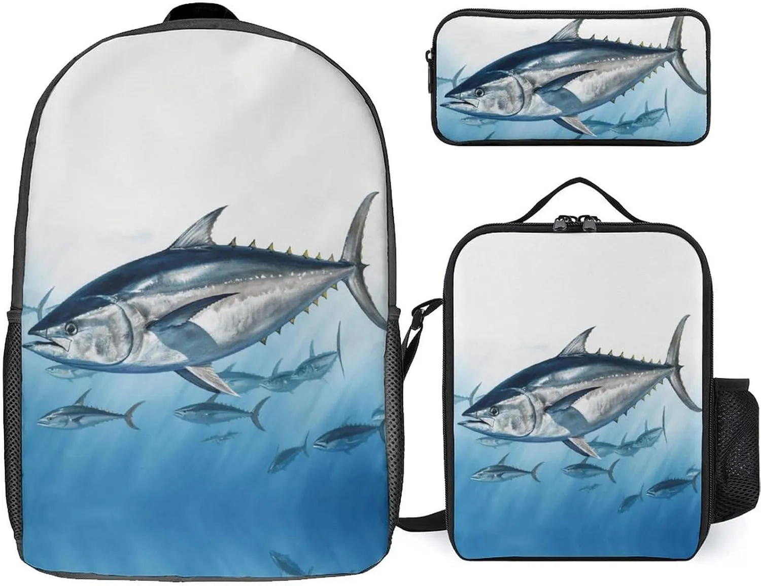 3-in-1 Backpack Set, Bluefin Tuna Thunnus Print Lunch Bag Set Backpack with Lunch Bag Lunch Bag Combo Set Small Backpack Lunch Bag Combo