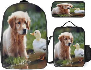 3 in 1 Backpack Set Dog And A Duck Print Casual Backpack Set Small Cosmetic Bag Travel Daypack Crossbody Lunch Bag Coin Purse Set