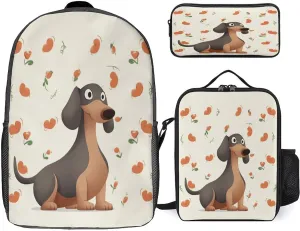 3 in 1 Backpack Set Dog Dachshunds Print Casual Backpack Set Small Cosmetic Bag Travel Daypack Crossbody Lunch Bag Coin Purse Set