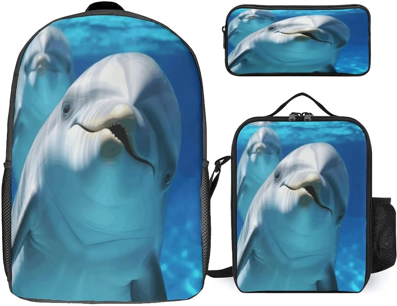 3 in 1 Backpack Set Dolphin with A Smile Print Casual Backpack Set Small Cosmetic Bag Travel Daypack Crossbody Lunch Bag Coin Purse Set