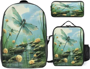 3 in 1 Backpack Set Dragonflies in Flight Print Casual Backpack Set Small Cosmetic Bag Travel Daypack Crossbody Lunch Bag Coin Purse Set