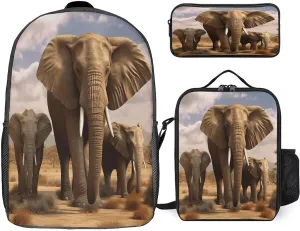 3 in 1 Backpack Set Elephant Family Print Casual Backpack Set Small Cosmetic Bag Travel Daypack Crossbody Lunch Bag Coin Purse Set