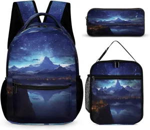3 In 1 Backpack Set Fantasy Night Scene Print Casual Backpack Sets Small Cosmetic Bag Travel Daypack Lunch Bag Coin Purse Set