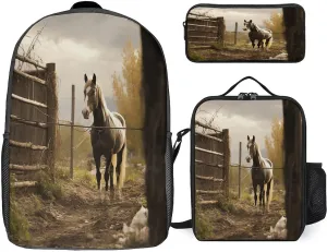 3 in 1 Backpack Set Fence And Horse Print Casual Backpack Set Small Cosmetic Bag Travel Daypack Crossbody Lunch Bag Coin Purse Set