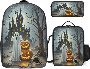 3 in 1 Backpack Set Ghost Pumpkin Castle Print Casual Backpack Set Small Cosmetic Bag Travel Daypack Crossbody Lunch Bag Coin Purse Set