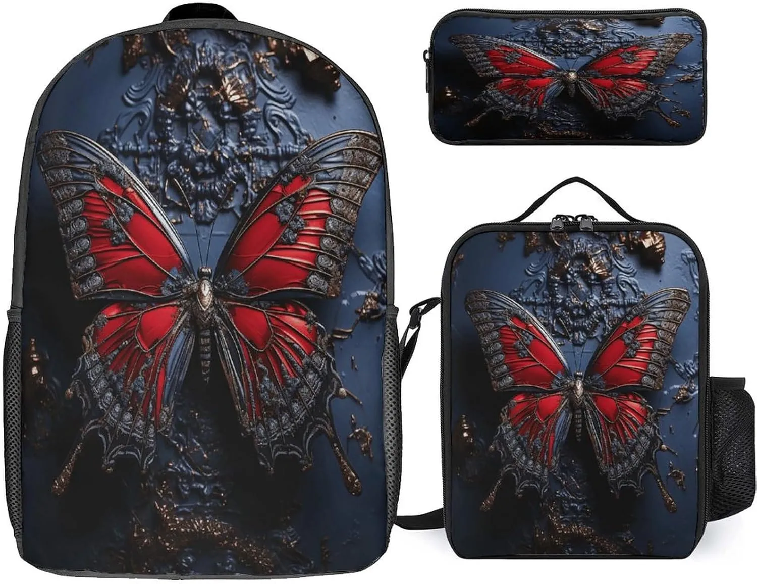 3 in 1 Backpack Set Red Butterfly Print Casual Backpack Set Small Cosmetic Bag Travel Daypack Crossbody Lunch Bag Coin Purse Set
