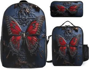 3 in 1 Backpack Set Red Butterfly Print Casual Backpack Set Small Cosmetic Bag Travel Daypack Crossbody Lunch Bag Coin Purse Set
