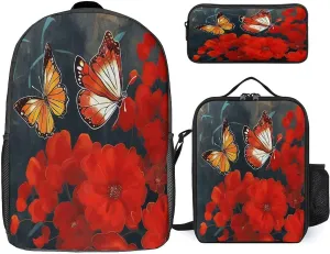 3 in 1 Backpack Set Red Flowers And Butterflies Print Casual Backpack Set Small Cosmetic Bag Travel Daypack Crossbody Lunch Bag Coin Purse Set
