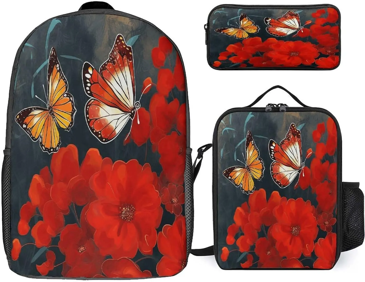 3 in 1 Backpack Set Red Flowers And Butterflies Print Casual Backpack Set Small Cosmetic Bag Travel Daypack Crossbody Lunch Bag Coin Purse Set